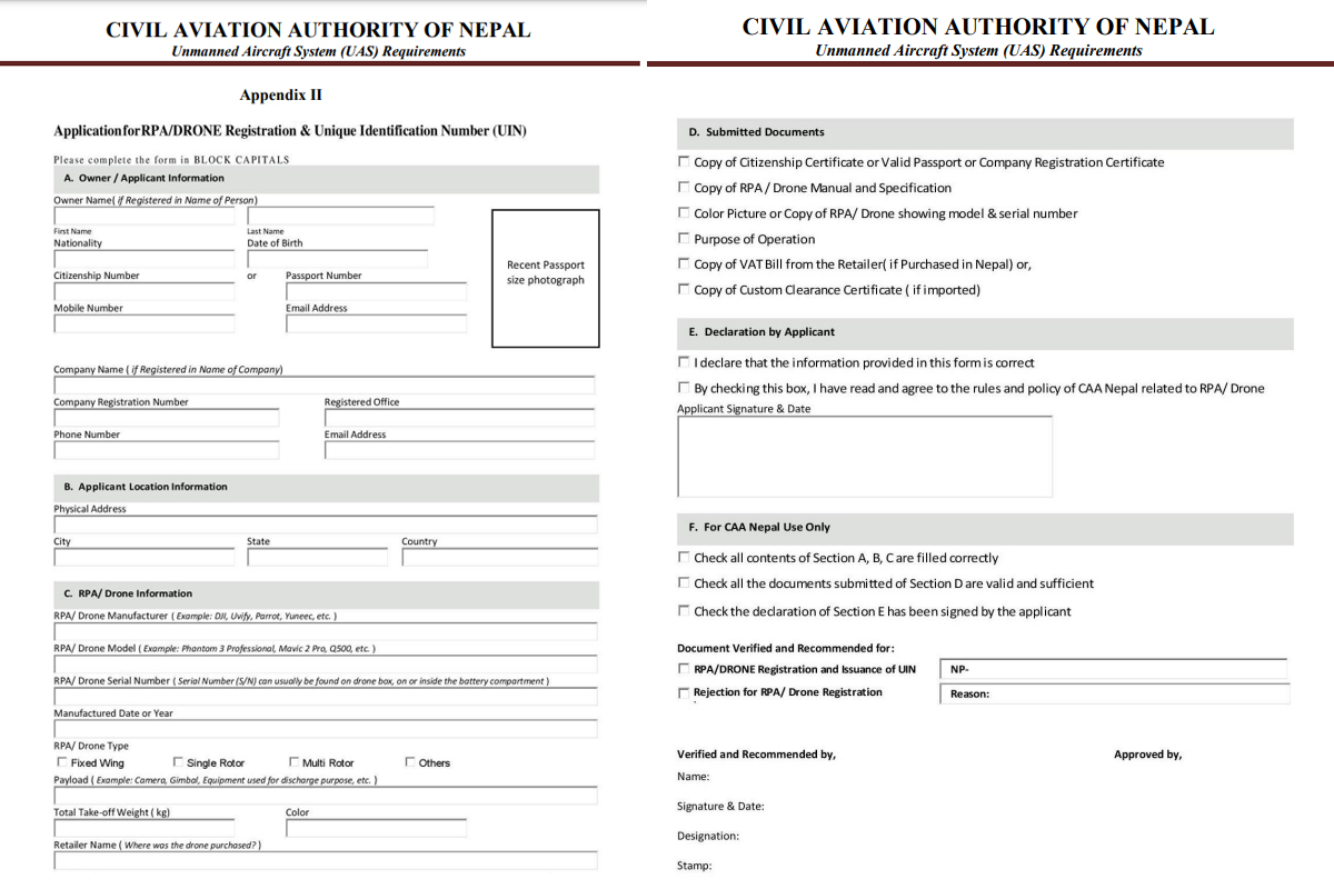 Drone permit application form issued by CAAN